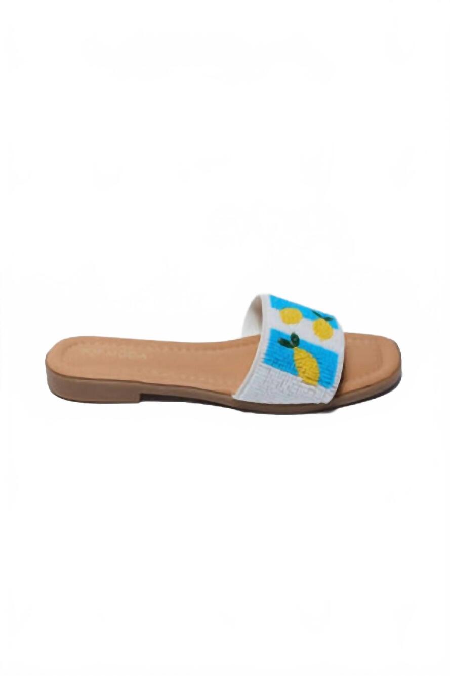 NEW CCOCCI women's lemon beaded slip on sandals in blue
